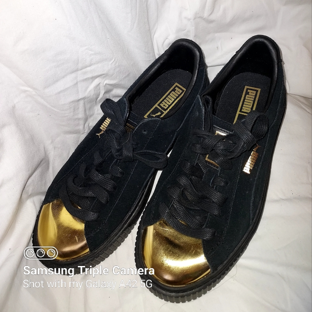 Puma, Luxurious Seude Sneakers, All Black, Women's Size 8.5, Gold Toe